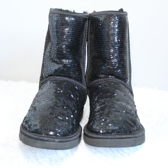 UGG Classic Short Sparkles Black Boots Sequin Sheepskin 3161 Women's 8 H12133 - Picture 8 of 11